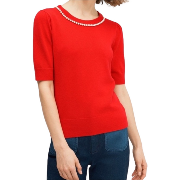 🥤 Kate Spade Pearl Pave Red Wool Blend Short Sleeve Sweater Size XXS - Picture 1 of 14